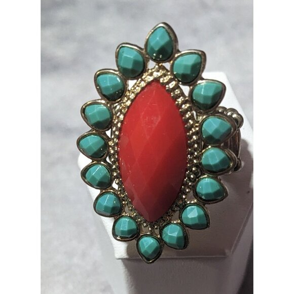 Bohemian Blue And Red Gemmed Floral Stretch Ring Size 7 - Picture 1 of 12